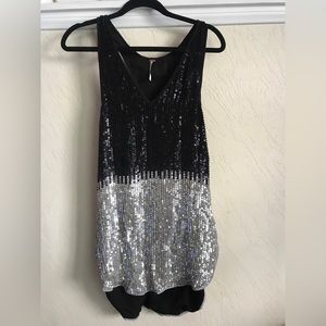 Free People Sequin Racerback Tank style mini dress, black & silver sequins SMALL